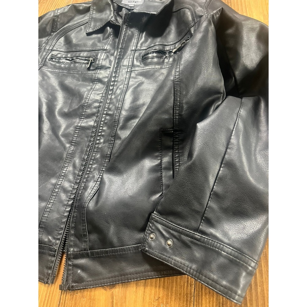 Bleu Grandeur Mens Faux Leather Moto Jacket Black Full Zip Quilted Lining Size M - Picture 3 of 7